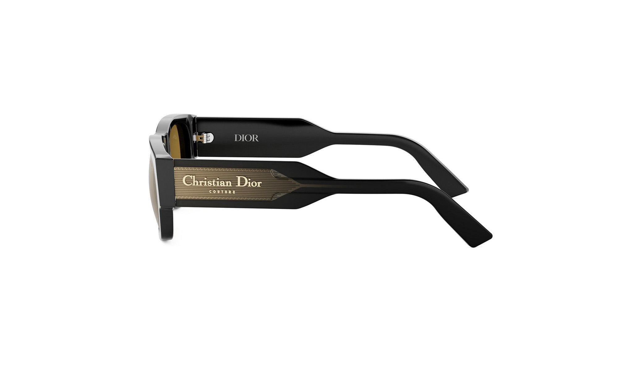 A pair of black sunglasses with the Christian Dior logo visible on the frame.