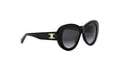 A pair of black sunglasses with a gold C logo on the frame.