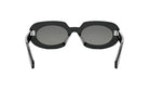 A pair of black sunglasses with dark lenses.