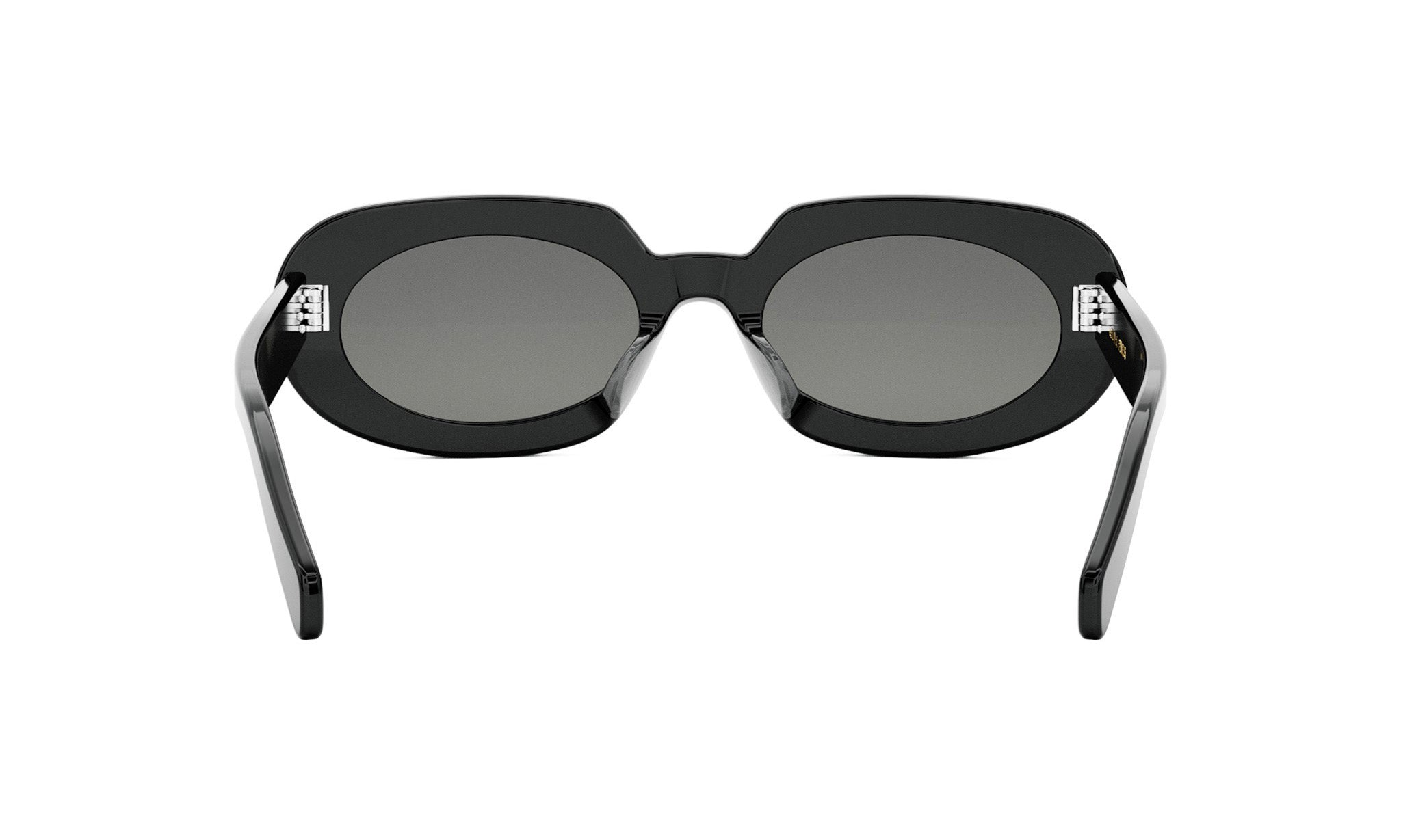 A pair of black sunglasses with dark lenses.