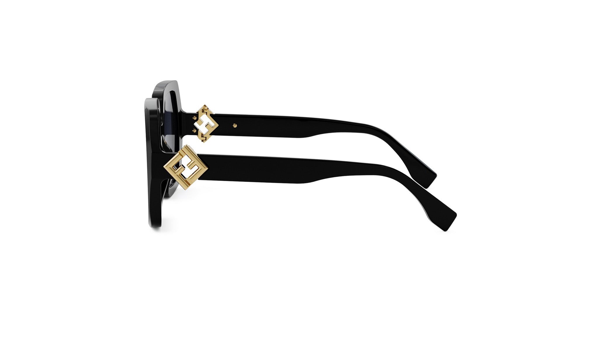 A pair of black sunglasses with gold accents, featuring a diamond-shaped logo on the temples.