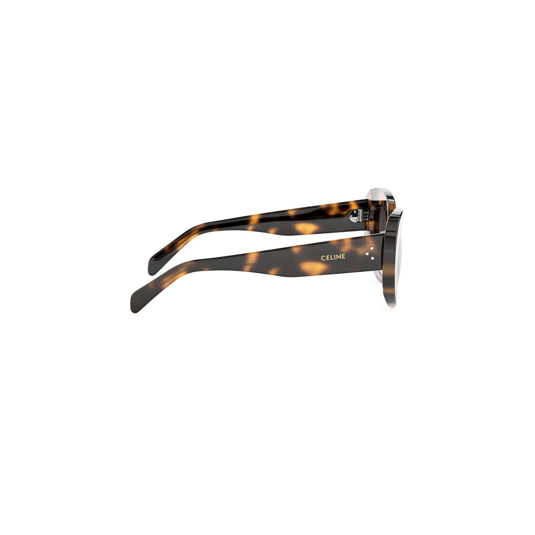 A pair of sunglasses with a tortoiseshell frame and the Celine logo on the temples.