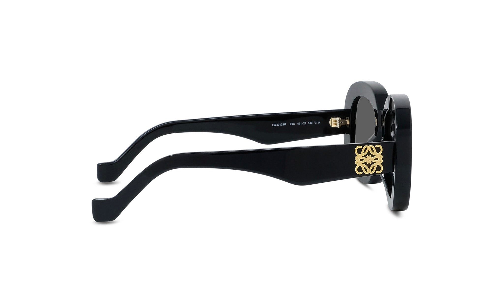 A pair of black sunglasses with gold accents, featuring a unique design.