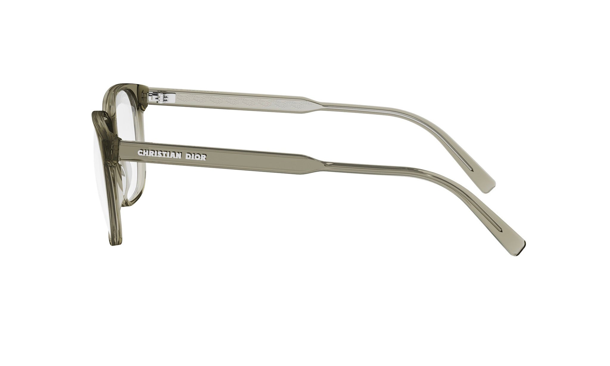 A pair of grey-framed glasses with the brand name "Christian Dior" printed on the side.