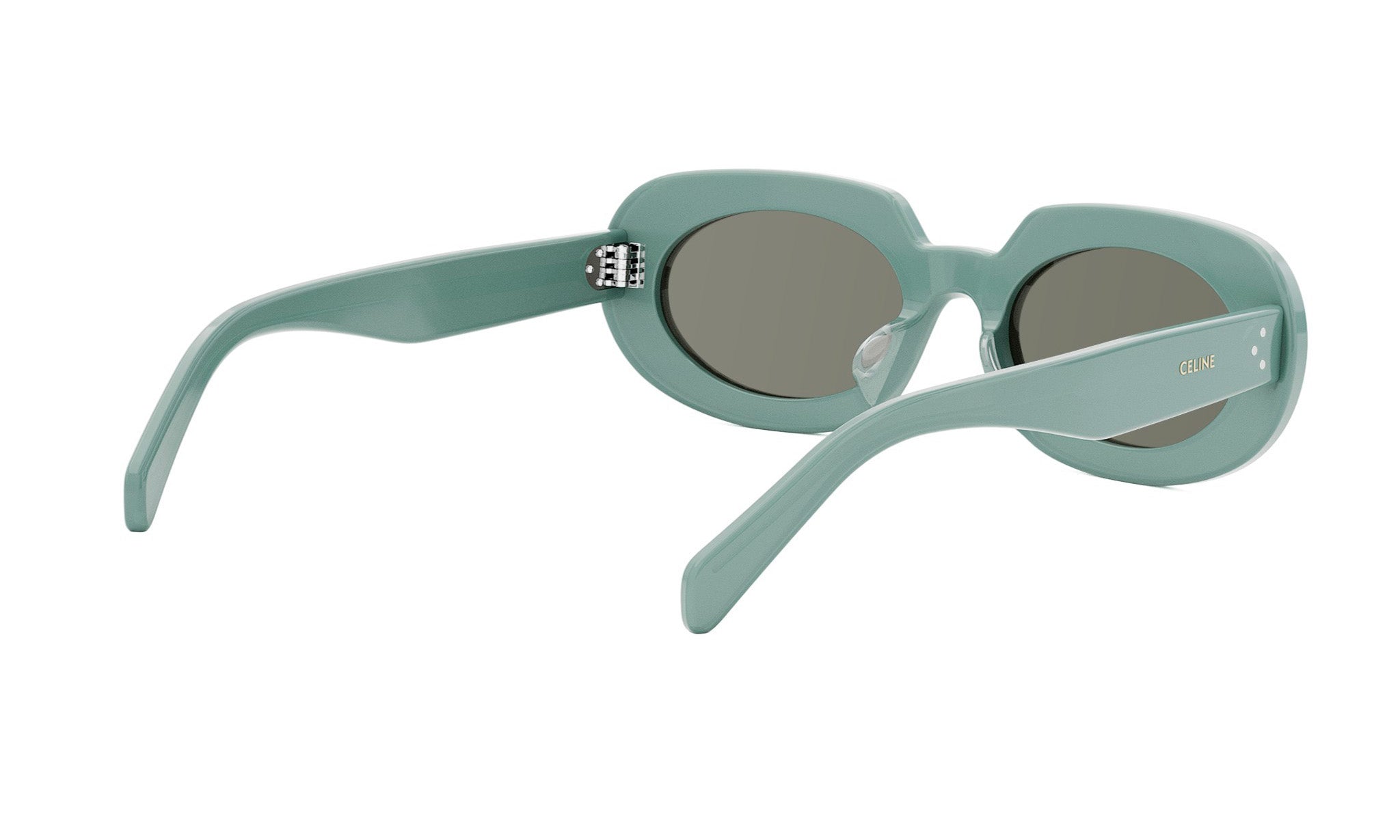 A pair of mint green sunglasses with dark lenses.