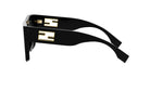 A pair of black sunglasses with gold accents, featuring a logo on the frame.
