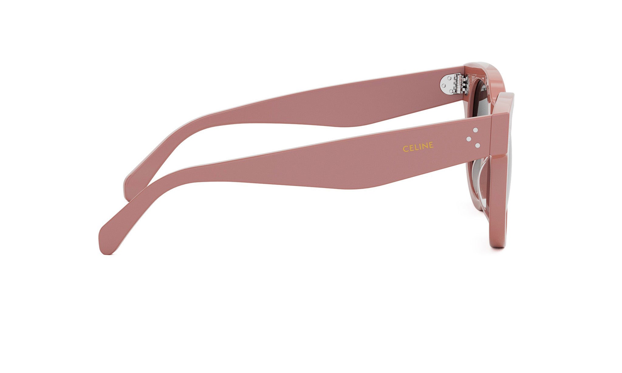 A pair of pink sunglasses with the Celine logo on the frame.