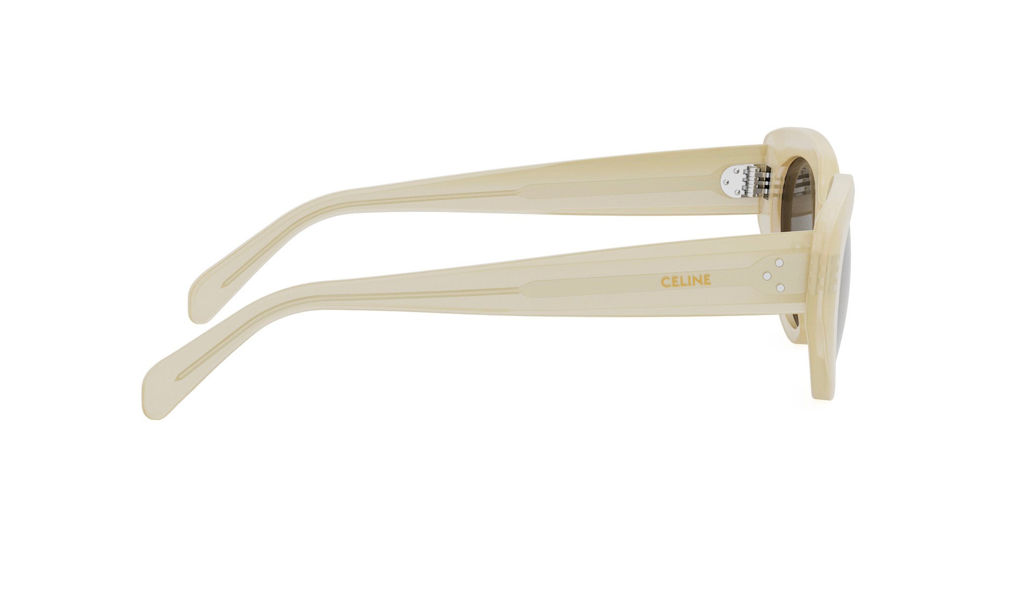A pair of tan-colored sunglasses with the Celine logo visible on the frame.