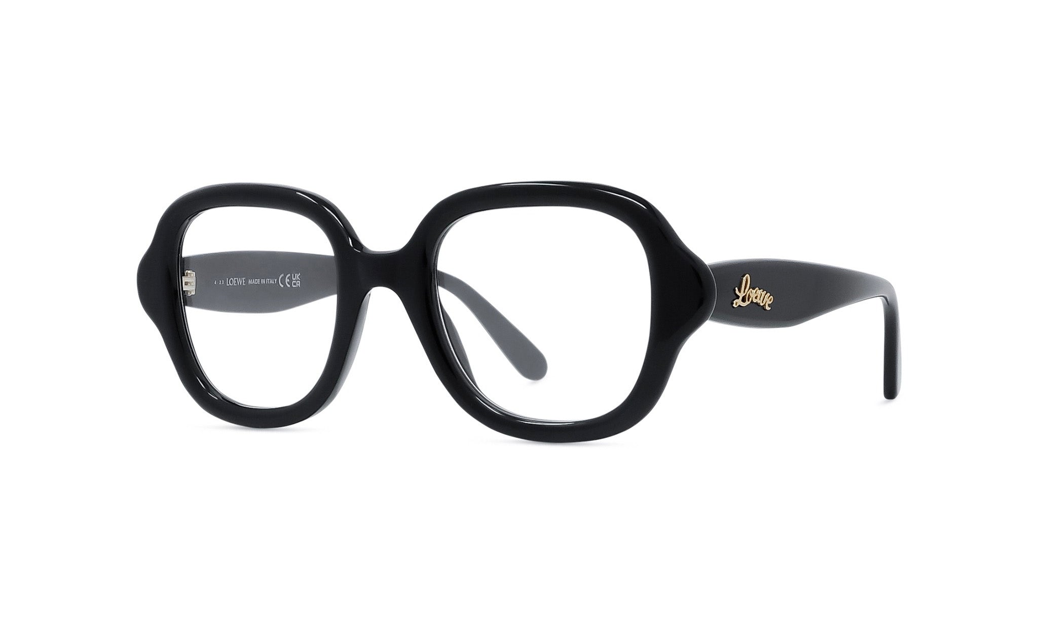 A pair of black-framed glasses with a gold logo on the temple.