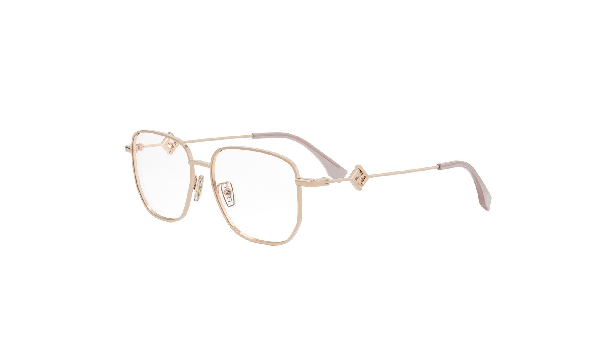 A pair of gold-colored metal-framed glasses with a clear lens.