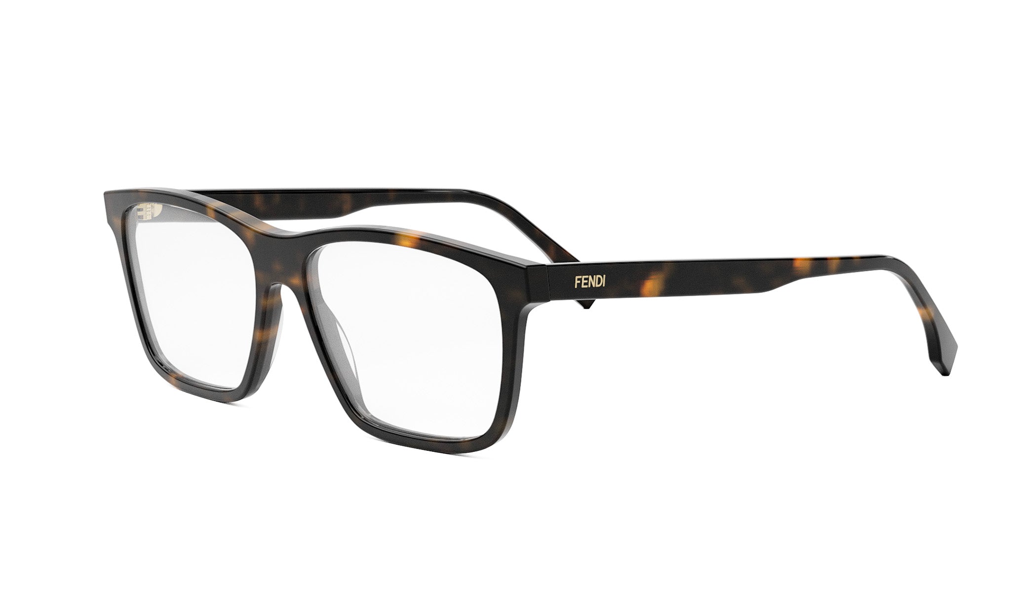 A pair of tortoiseshell-framed Fendi-branded eyeglasses against a white background.