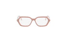A pair of pink-framed glasses with clear lenses, set against a white background.