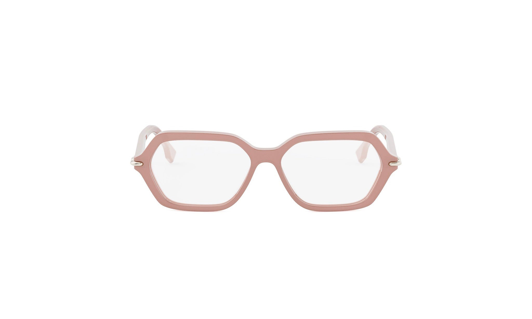 A pair of pink-framed glasses with clear lenses, set against a white background.