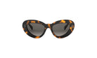 A pair of tortoiseshell sunglasses with dark lenses and a distinctive shape.