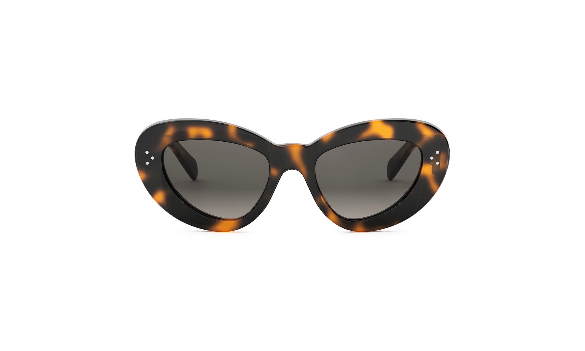 A pair of tortoiseshell sunglasses with dark lenses and a distinctive shape.