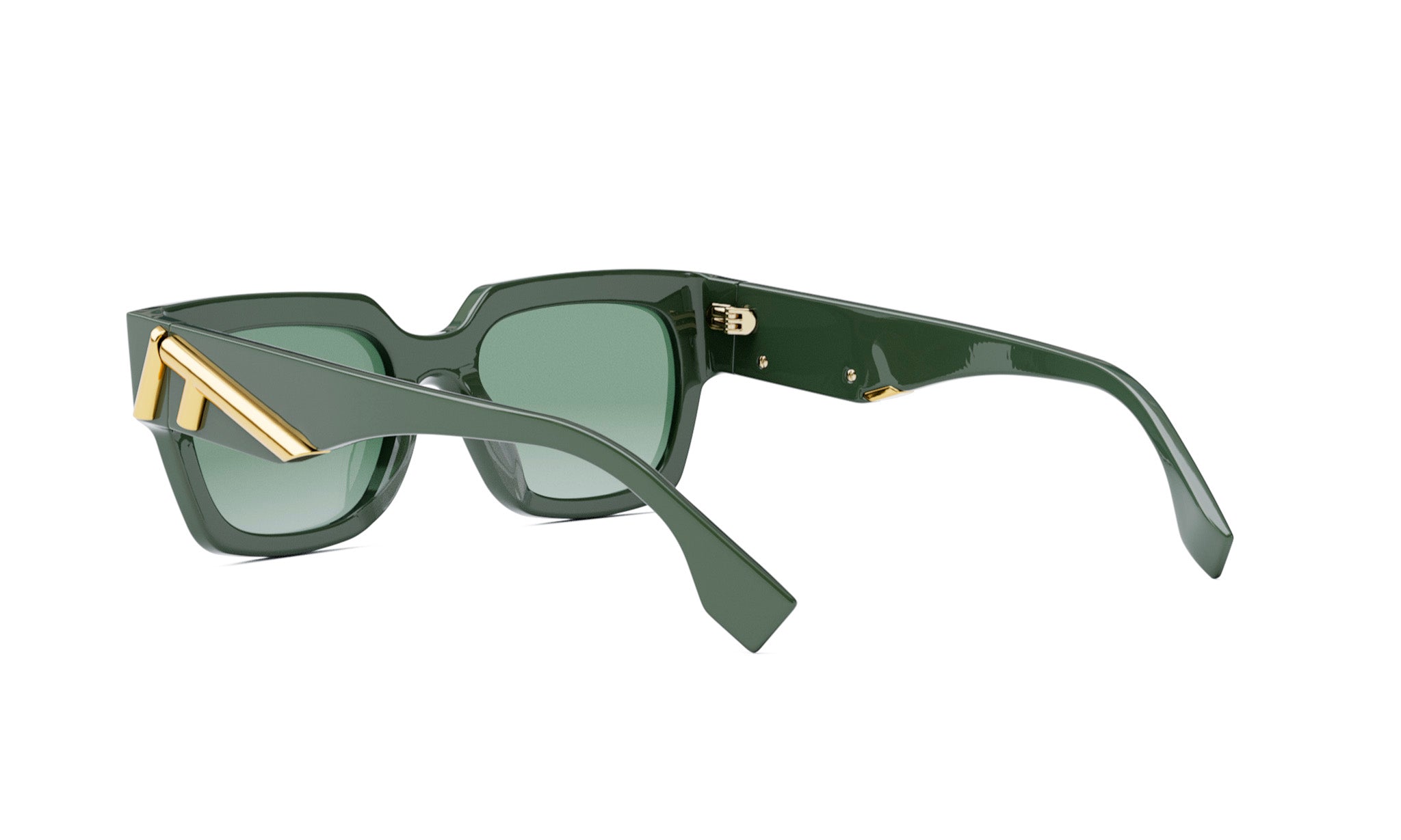 A pair of green-framed sunglasses with gold accents, featuring a sleek and modern design.