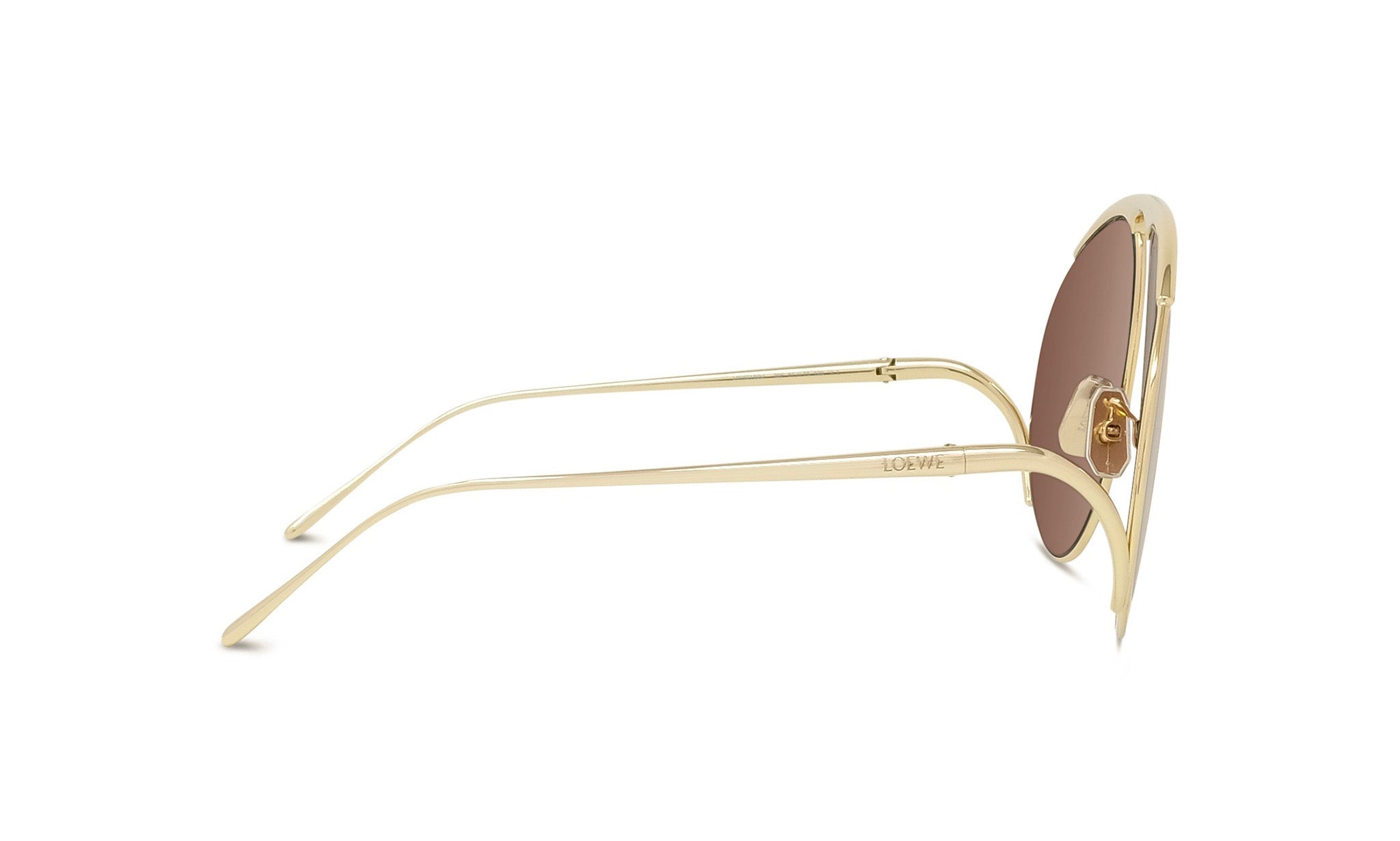 A pair of gold-colored sunglasses with a brown frame.
