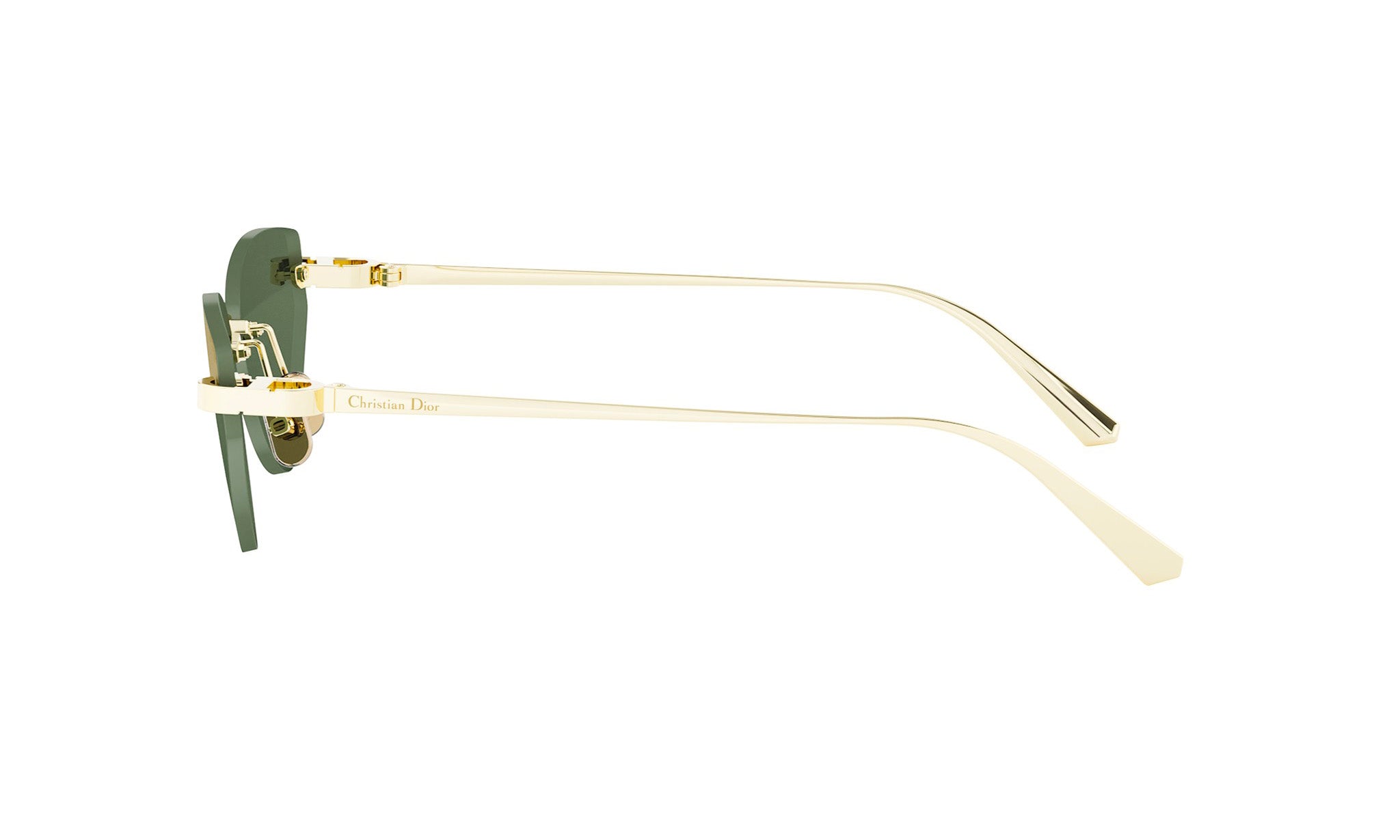 A pair of gold-colored sunglasses with a green frame.