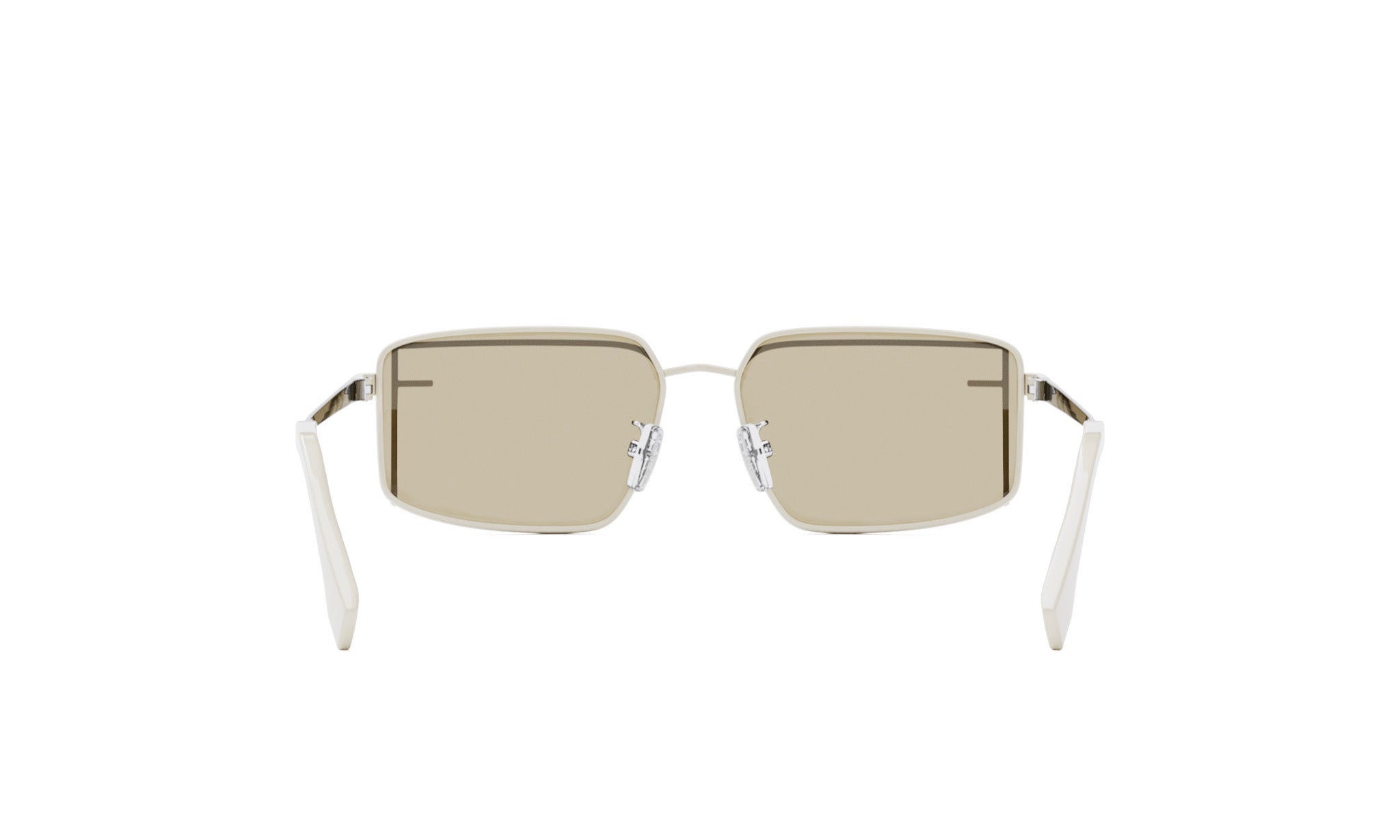 A pair of rectangular-framed sunglasses with a silver frame and beige-tinted lenses.