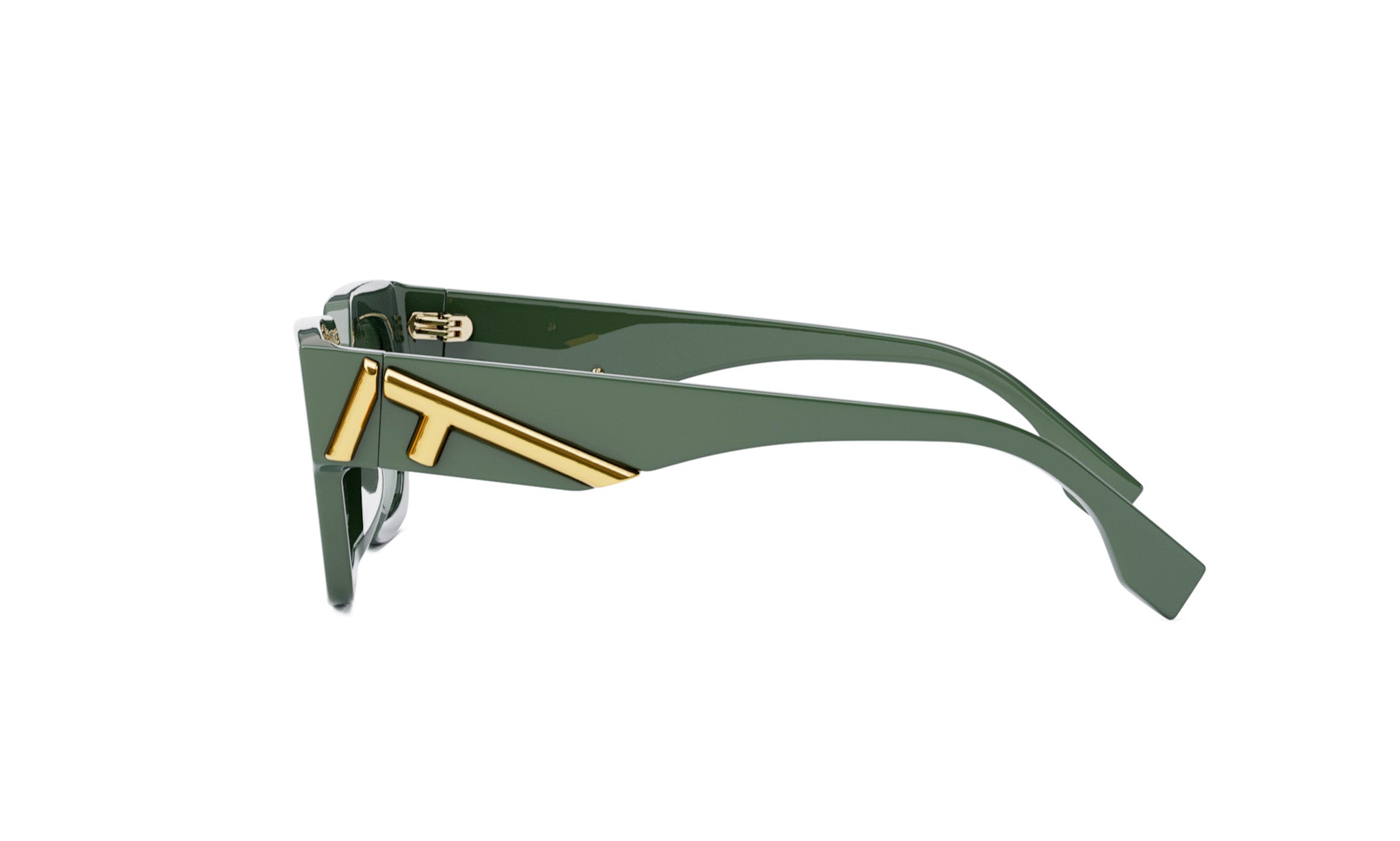 A pair of green-framed sunglasses with a gold-colored logo on the side.