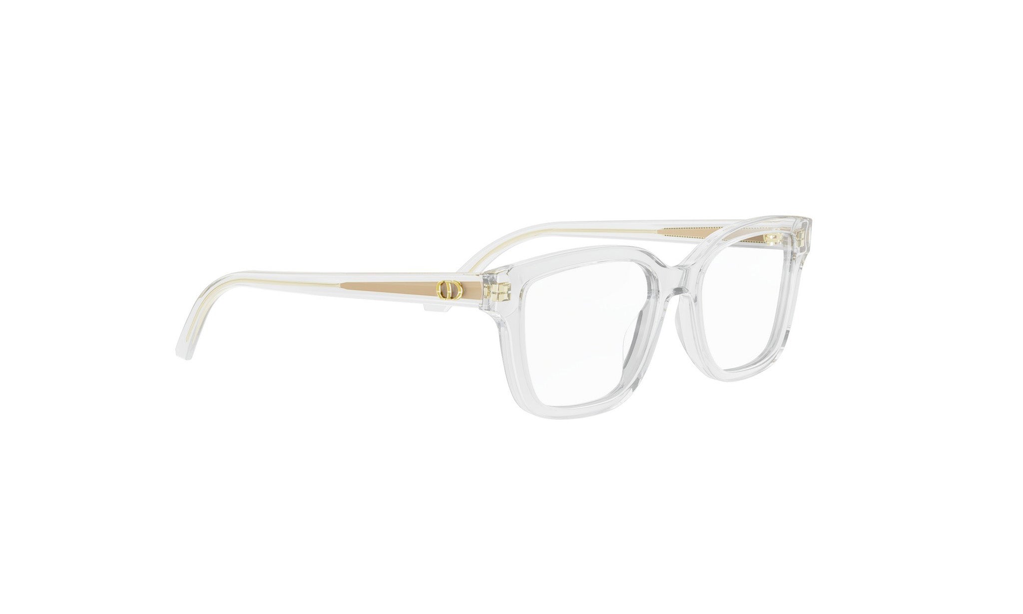 A pair of clear, modern-looking eyeglasses with a minimalist design.