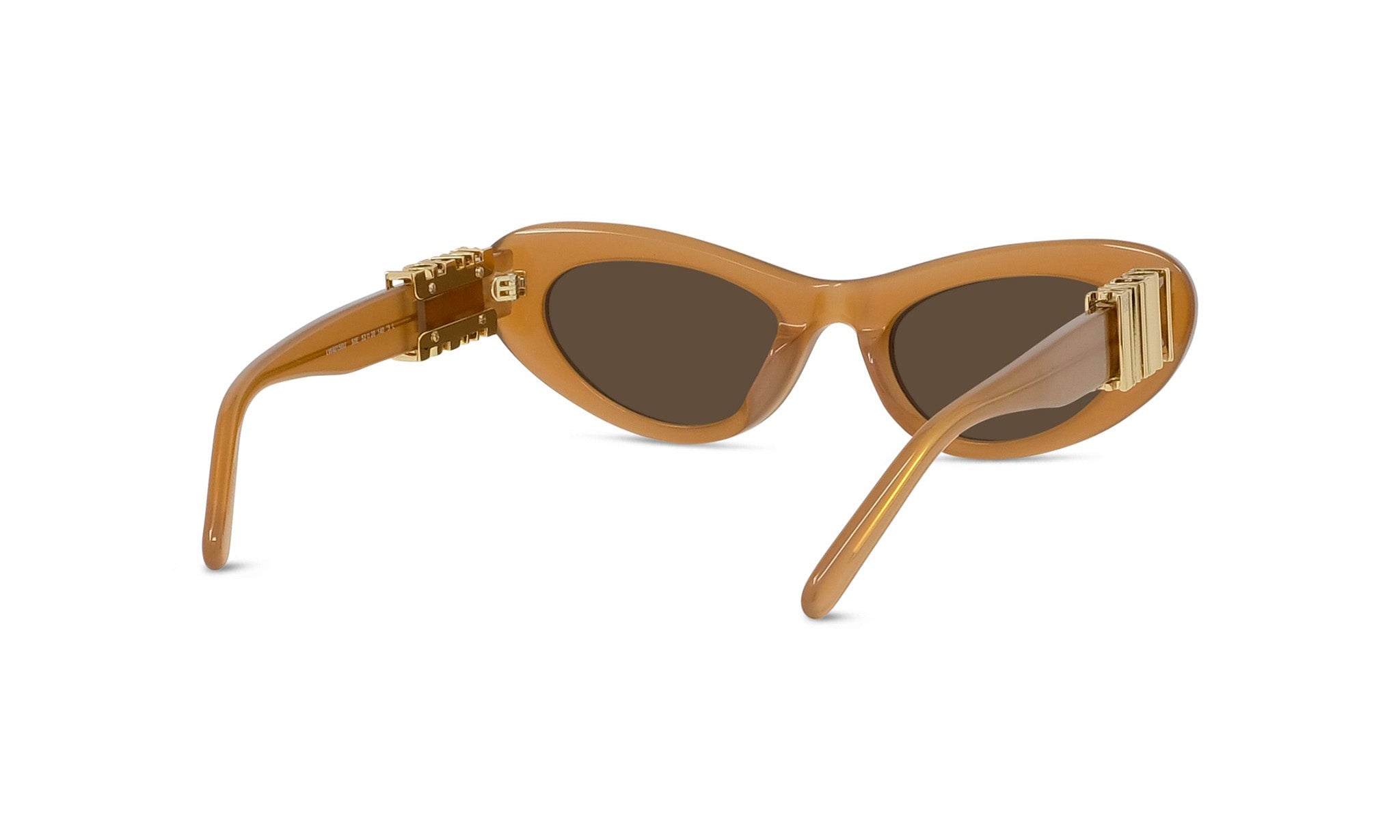 A pair of tan-colored cat-eye sunglasses with gold-colored metal accents.