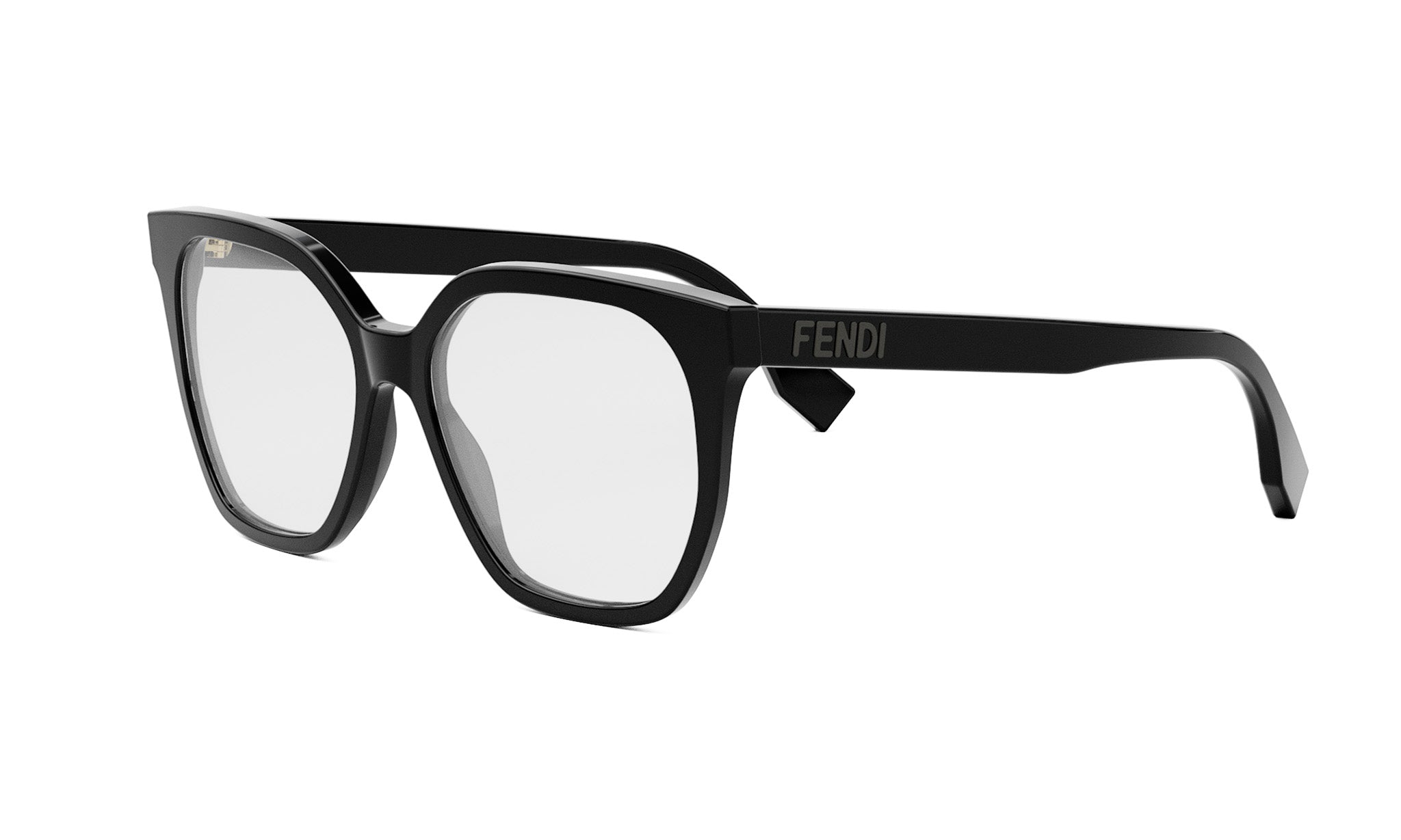 A pair of black Fendi-branded glasses with a sleek, modern design.