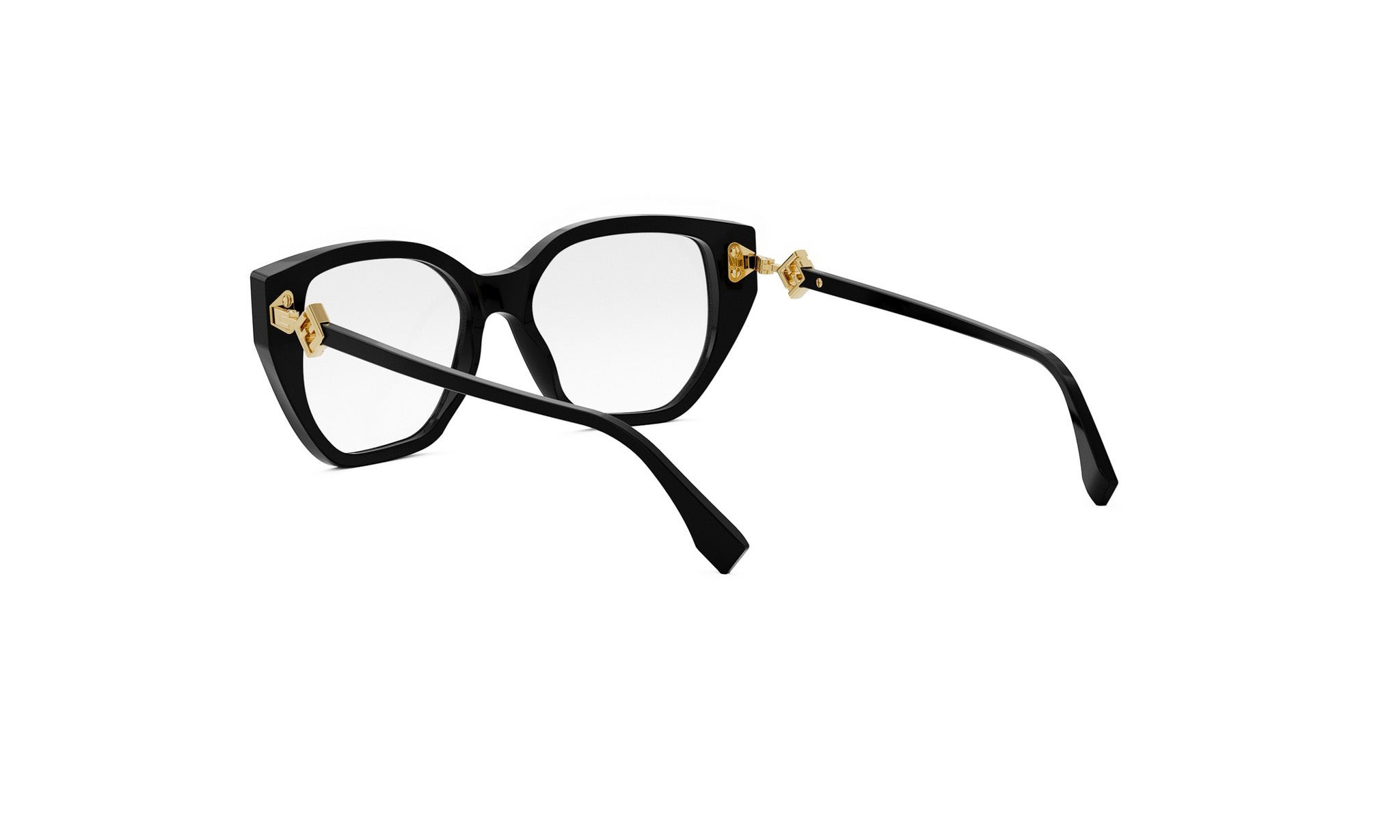 A pair of black-framed glasses with gold accents, positioned in a way that they appear to be facing away from the camera.
