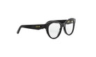 A pair of black cat-eye framed glasses with gold text on the frame.