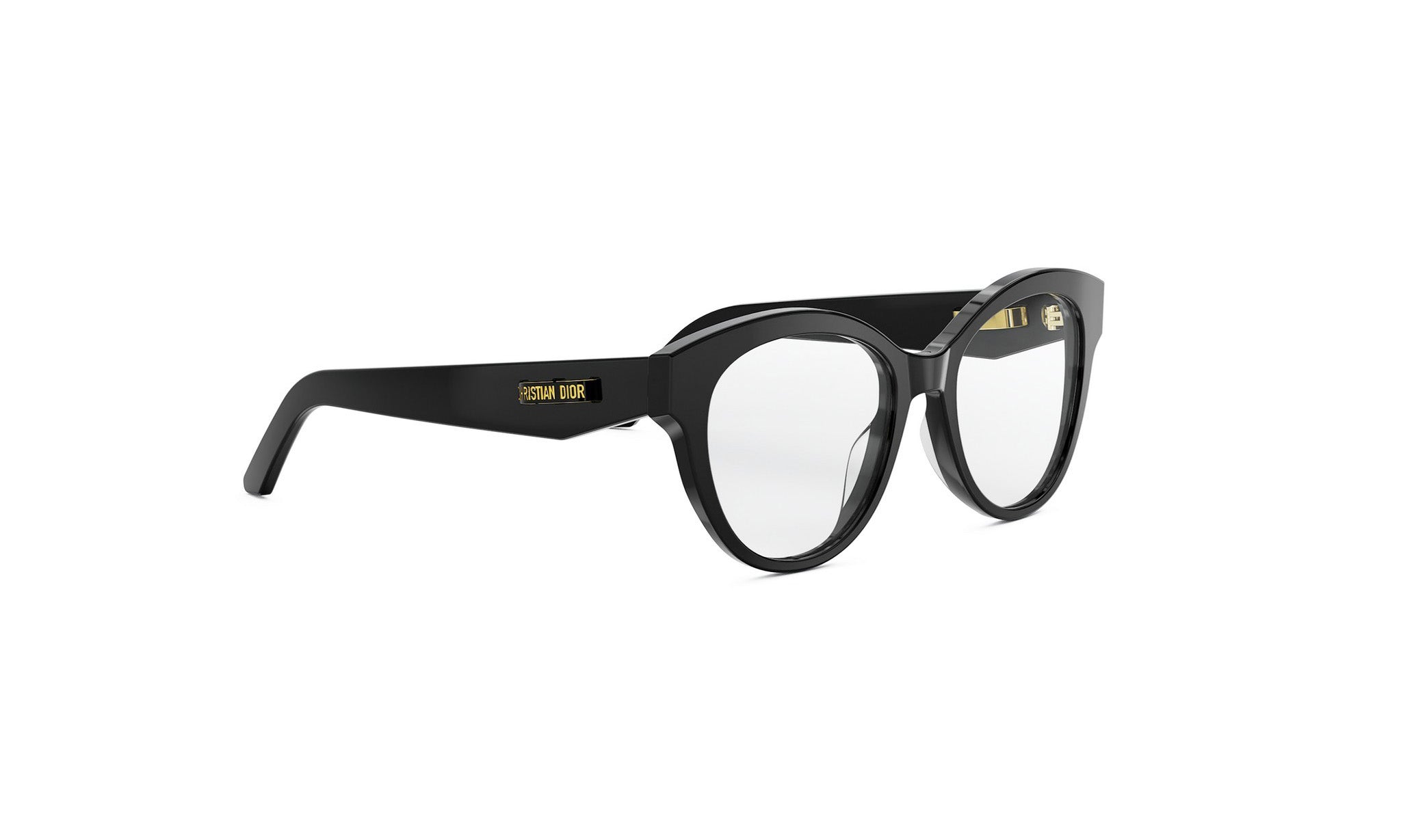 A pair of black cat-eye framed glasses with gold text on the frame.