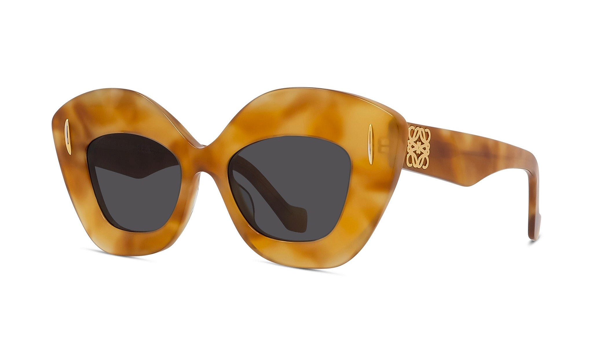 A pair of stylish sunglasses with a tan frame and dark lenses.