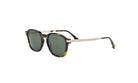 A pair of sunglasses with dark green lenses and a black frame.