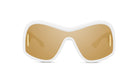 A pair of white and tan sunglasses with a unique, curved frame design.