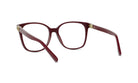 A pair of burgundy-colored eyeglasses with gold accents, positioned facing forward.