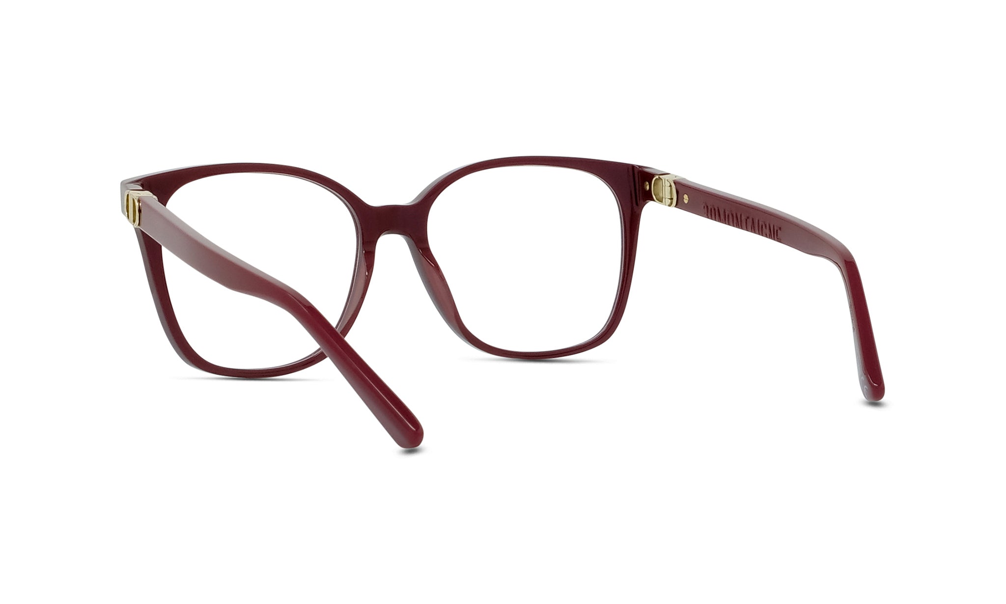 A pair of burgundy-colored eyeglasses with gold accents, positioned facing forward.