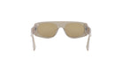 A pair of white-framed sunglasses with a beige lens, displayed against a white background.