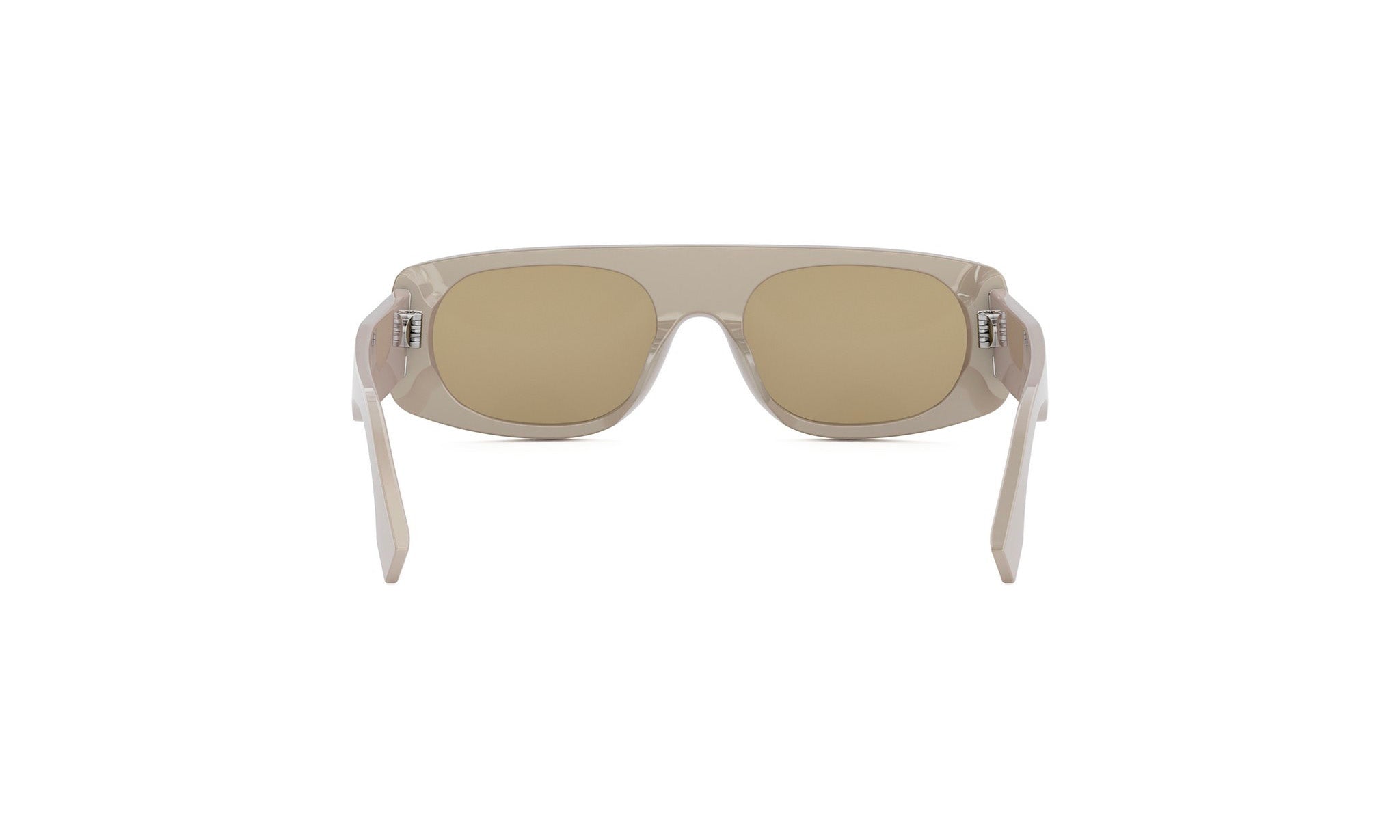 A pair of white-framed sunglasses with a beige lens, displayed against a white background.