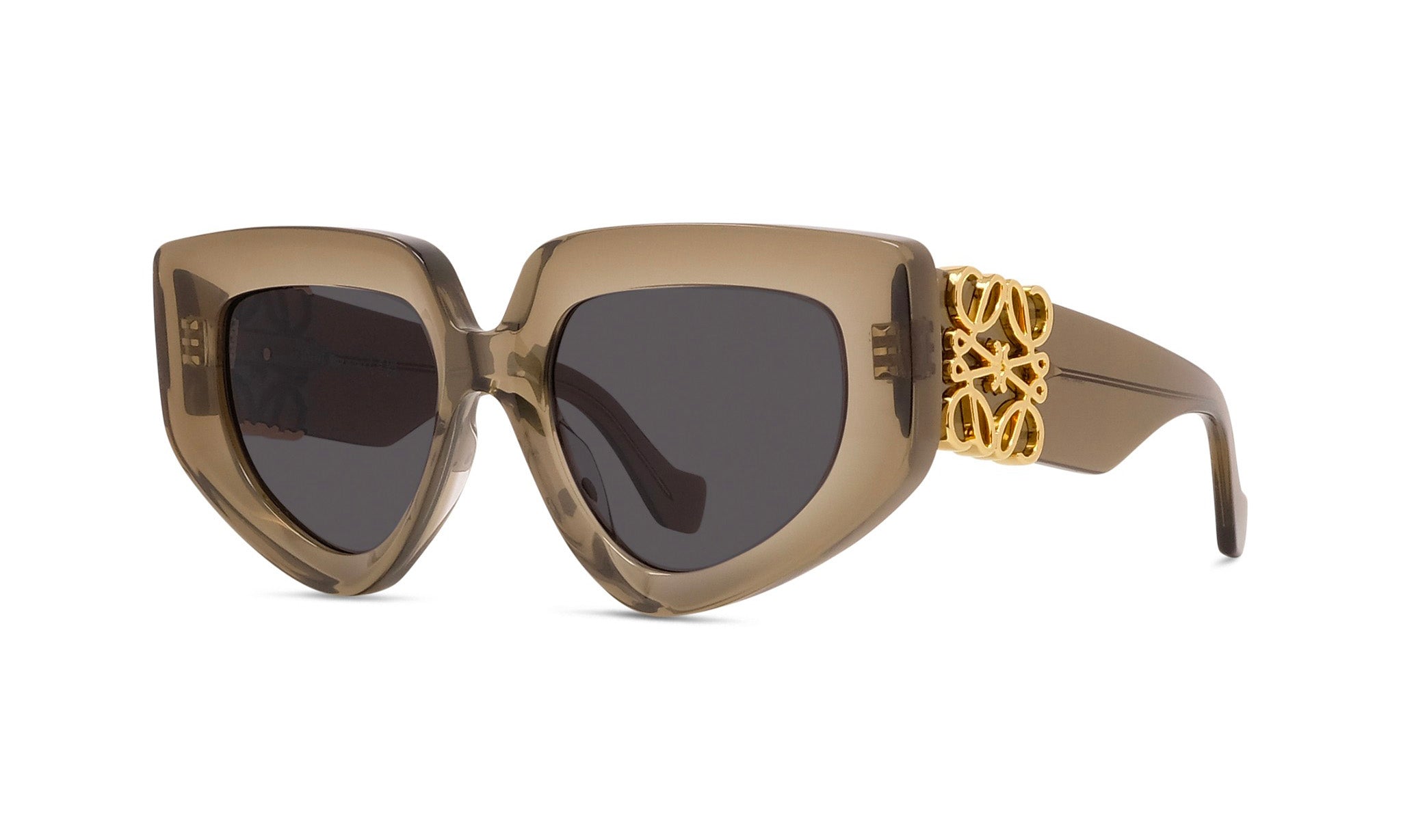 A pair of stylish sunglasses with a gold-colored frame and dark lenses.