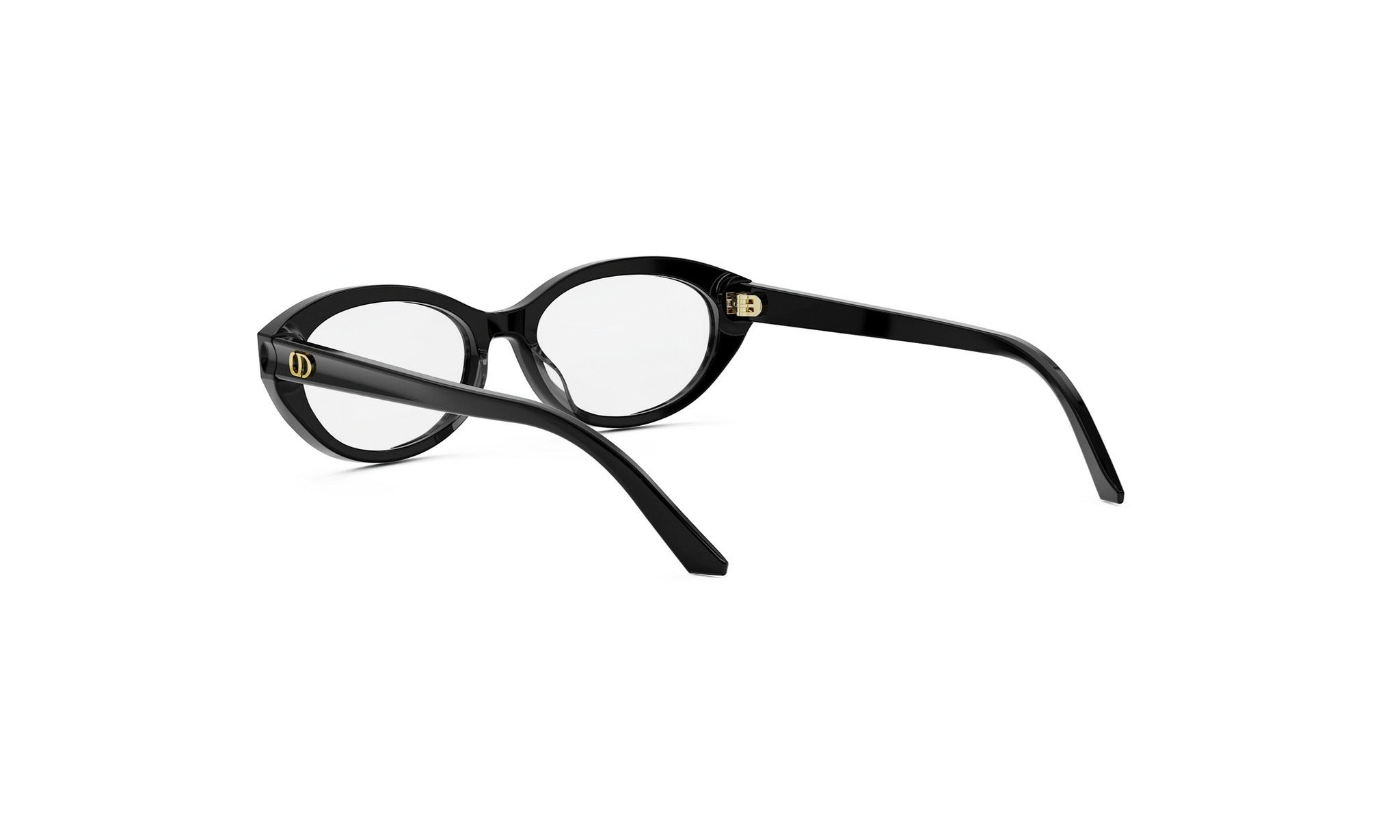 A pair of black cat-eye framed glasses with gold accents.