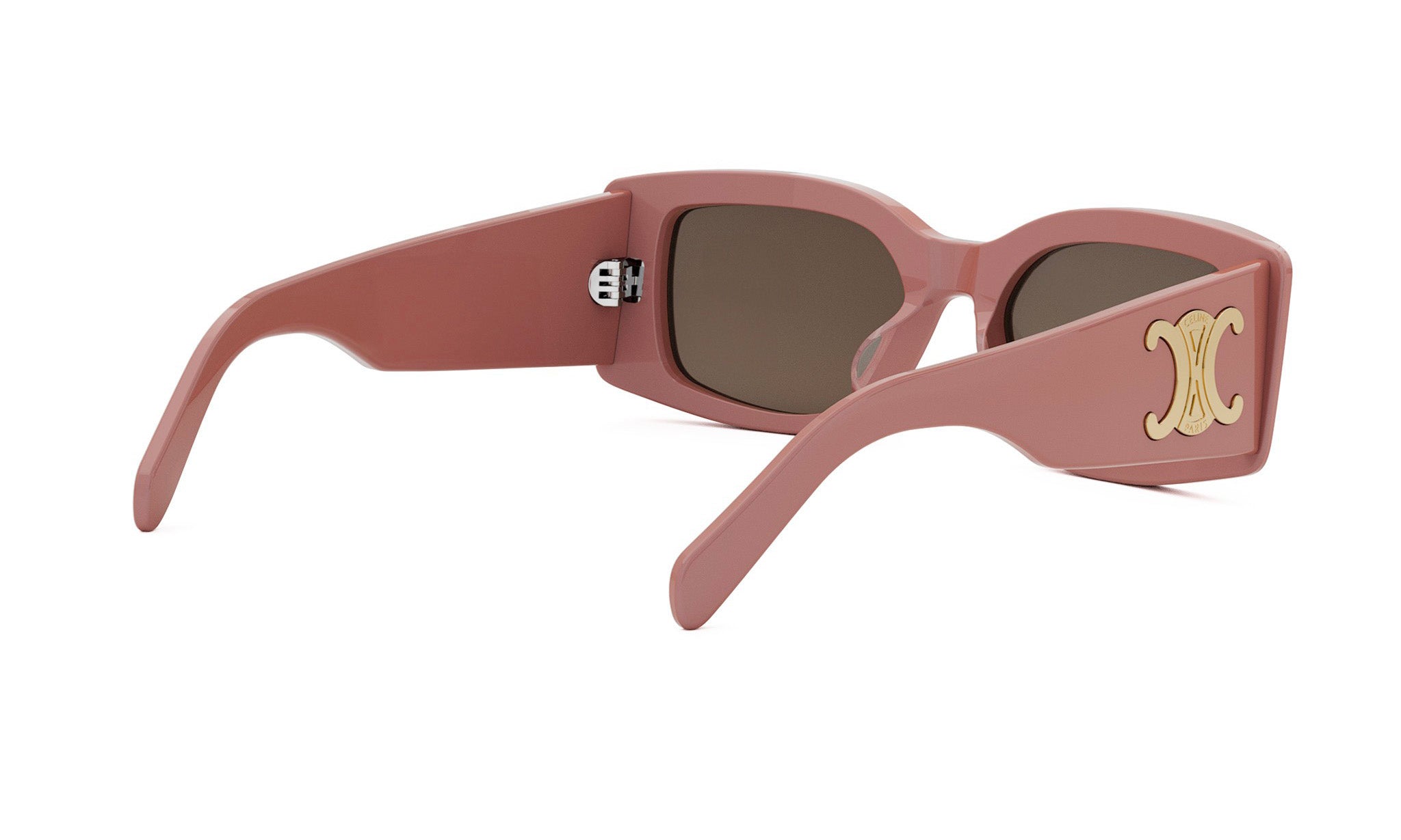 A pair of pink sunglasses with a gold logo on the frame.