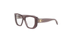 A pair of stylish, dark-colored glasses with a distinctive, gold-colored logo on the frame.