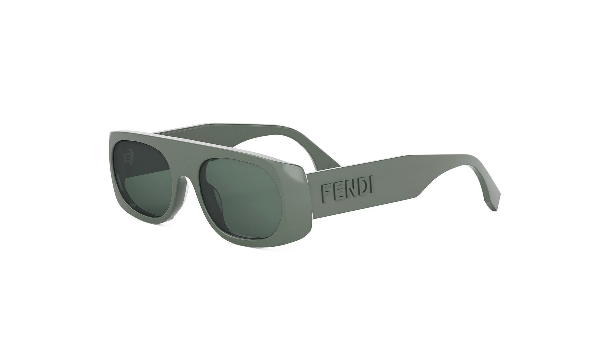 A pair of gray Fendi sunglasses with dark lenses.