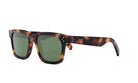 A pair of sunglasses with dark green lenses and a brown frame.