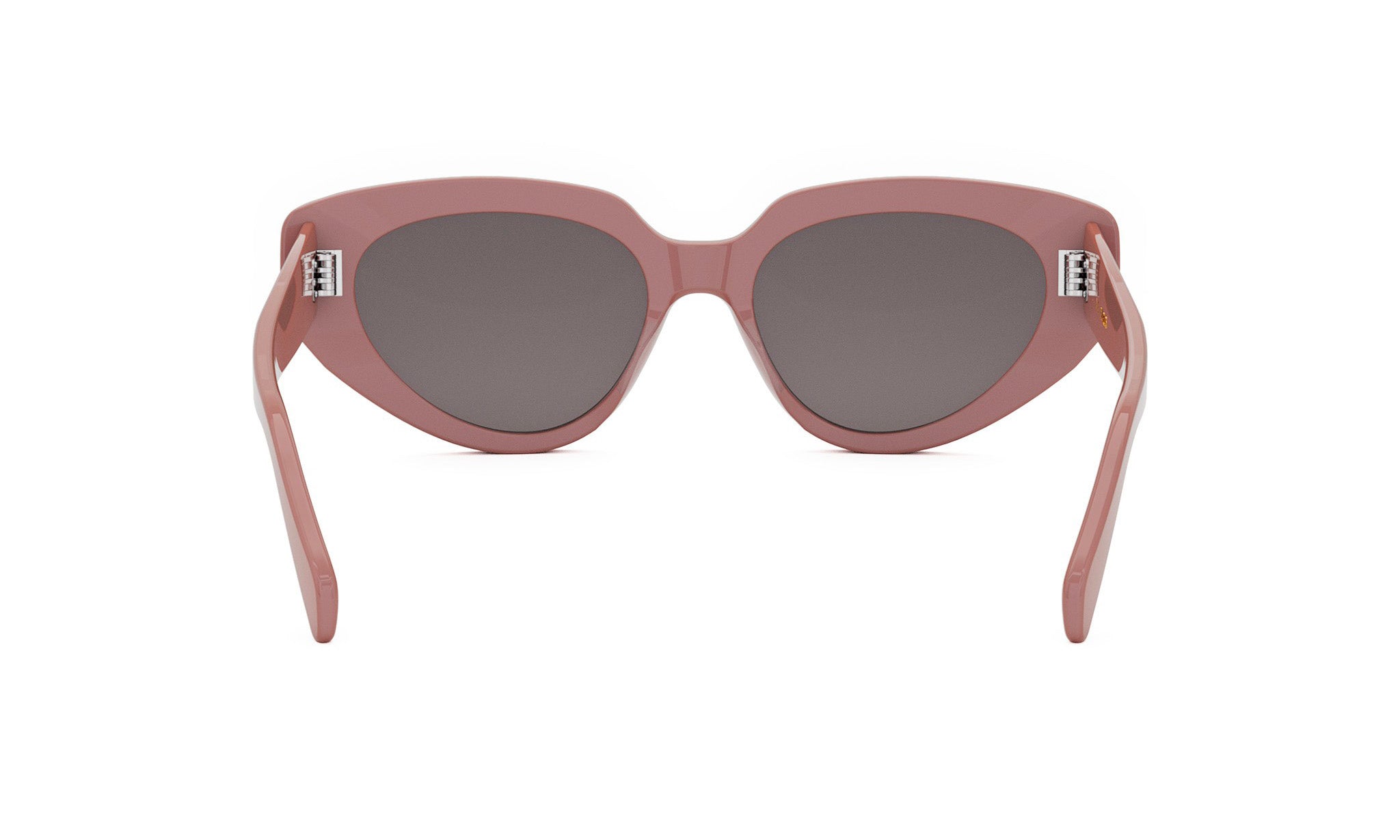 A pair of pink cat-eye sunglasses with dark lenses.