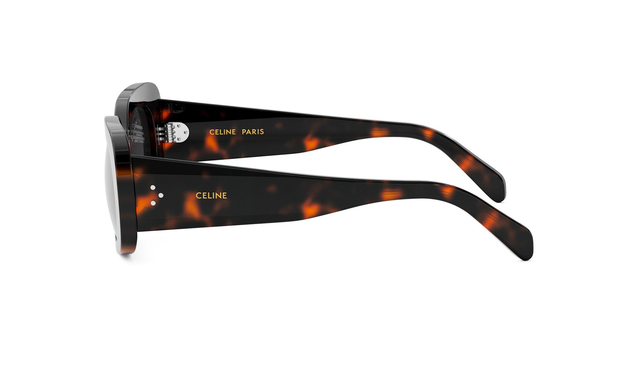A pair of sunglasses with a tortoiseshell frame and the Celine Paris logo on the temples.