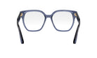 A pair of blue-framed glasses with clear lenses, positioned facing forward.
