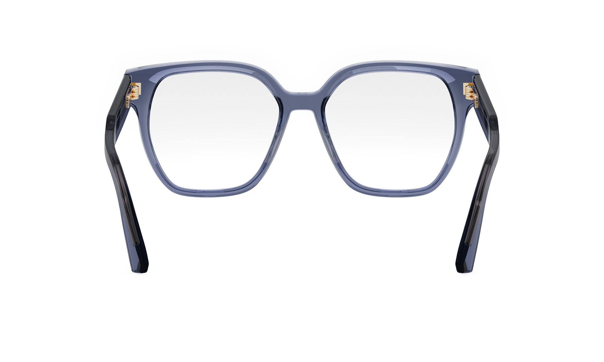 A pair of blue-framed glasses with clear lenses, positioned facing forward.