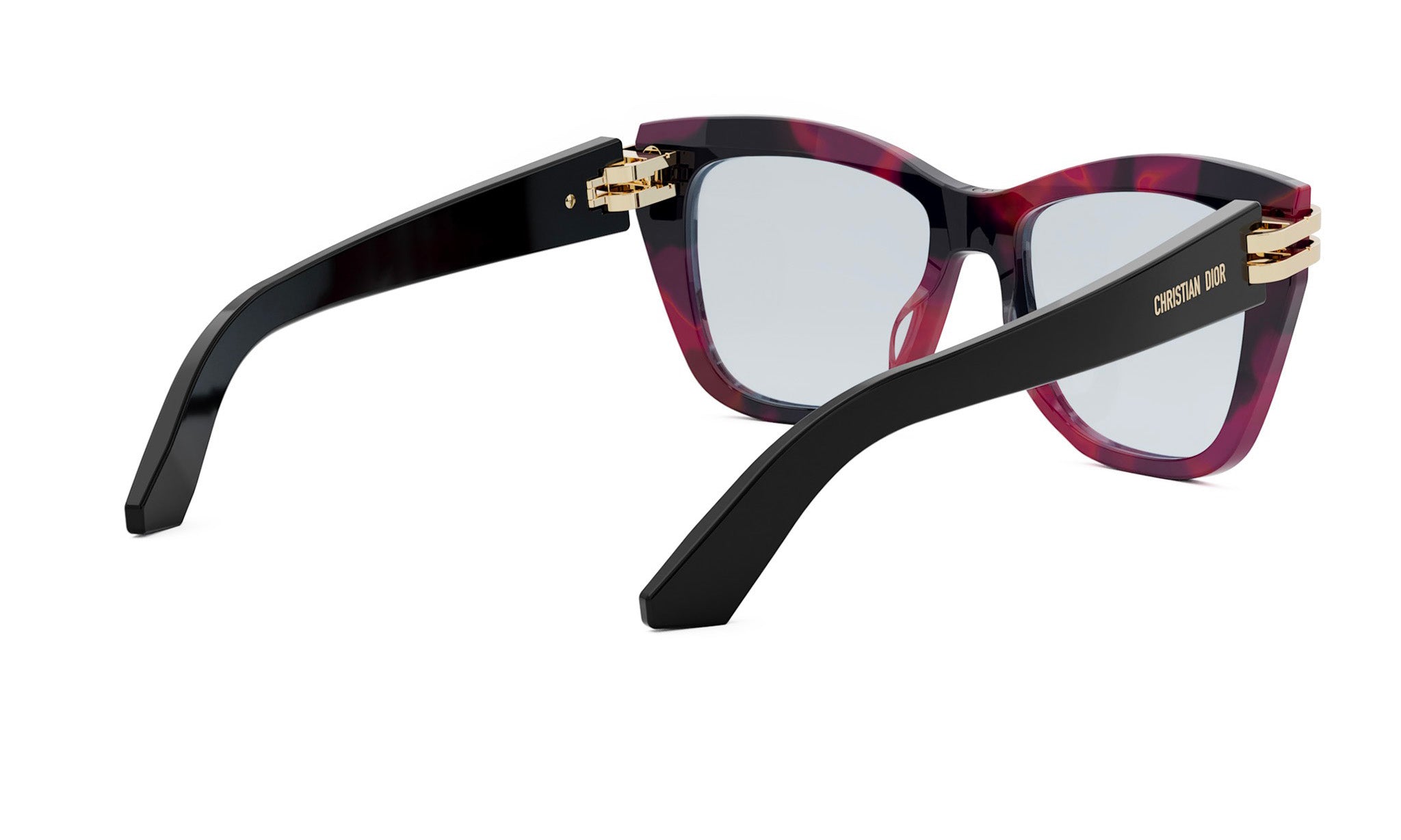A pair of stylish sunglasses with a maroon frame and black temples, featuring gold-colored metal hinges.