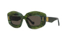 A pair of green-framed sunglasses with a dark lens.