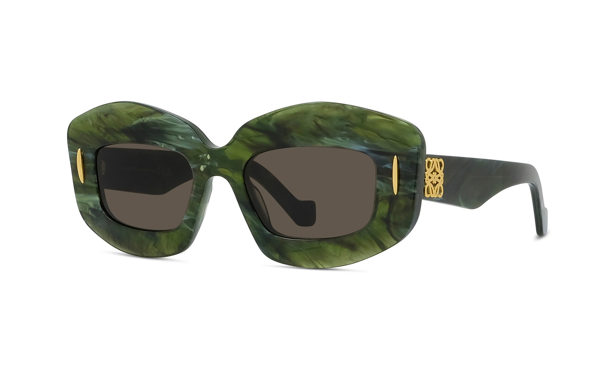 A pair of green-framed sunglasses with a dark lens.